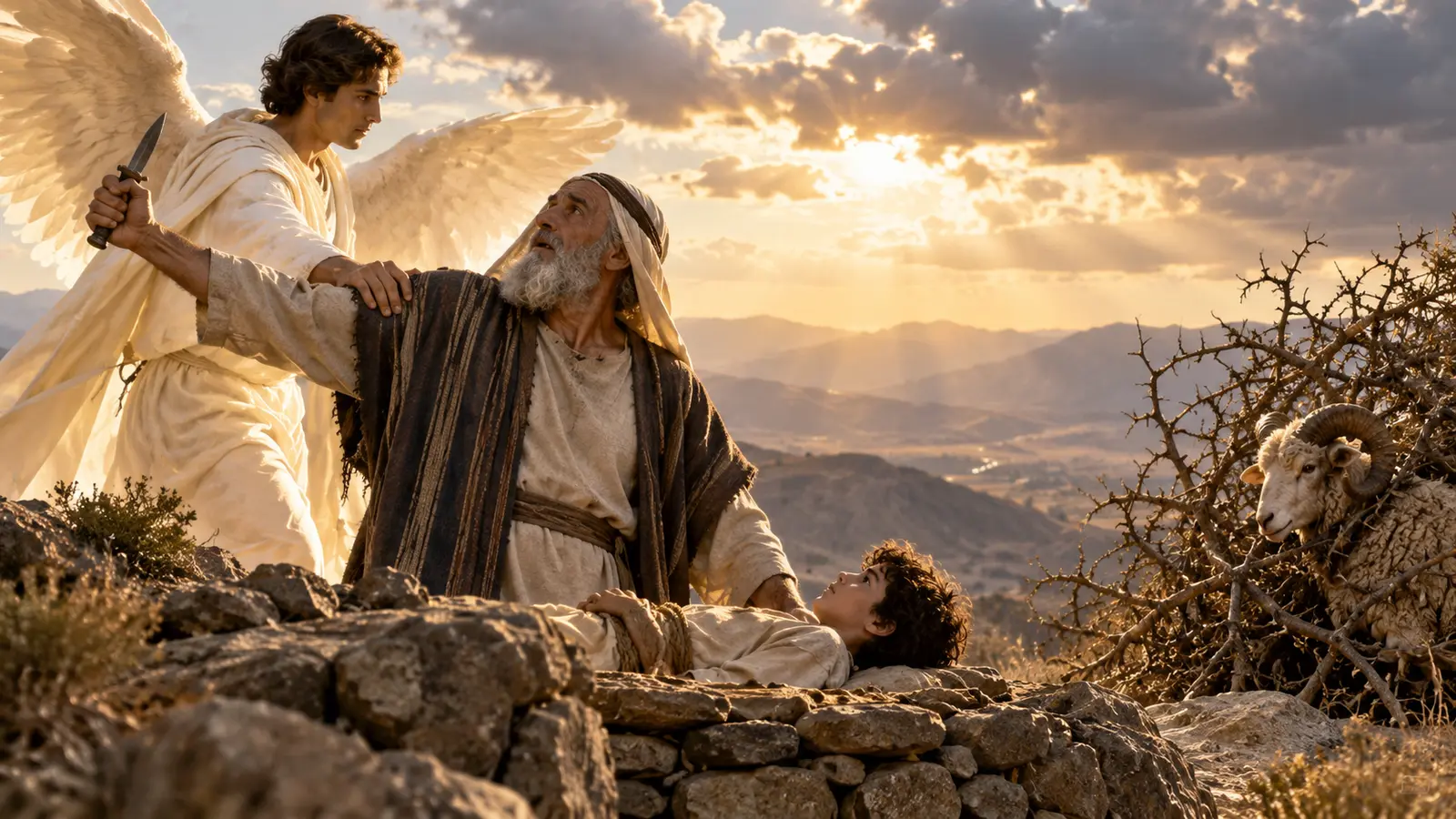 Abraham detenido por un ángel junto a Isaac y un carnero en un monte