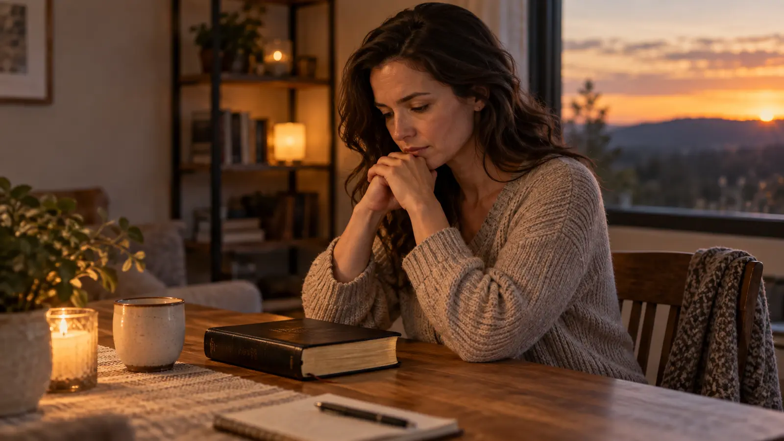 Persona sentada con una Biblia cerrada, reflexionando sobre su vida espiritual