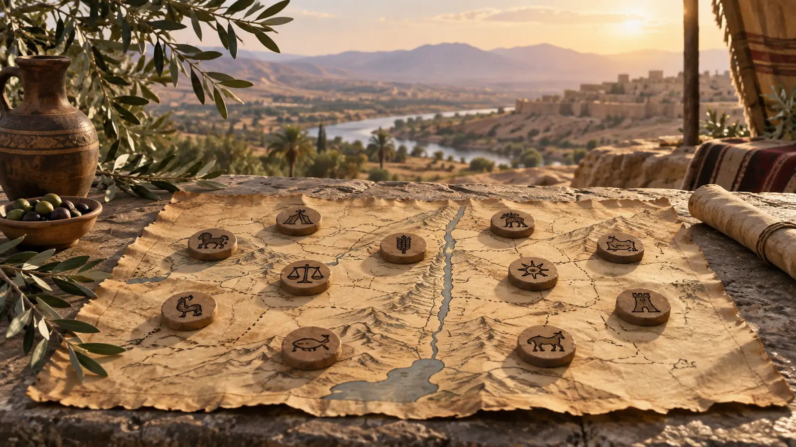 Mapa antiguo estilizado de las tribus de Israel con pergaminos y nombres
