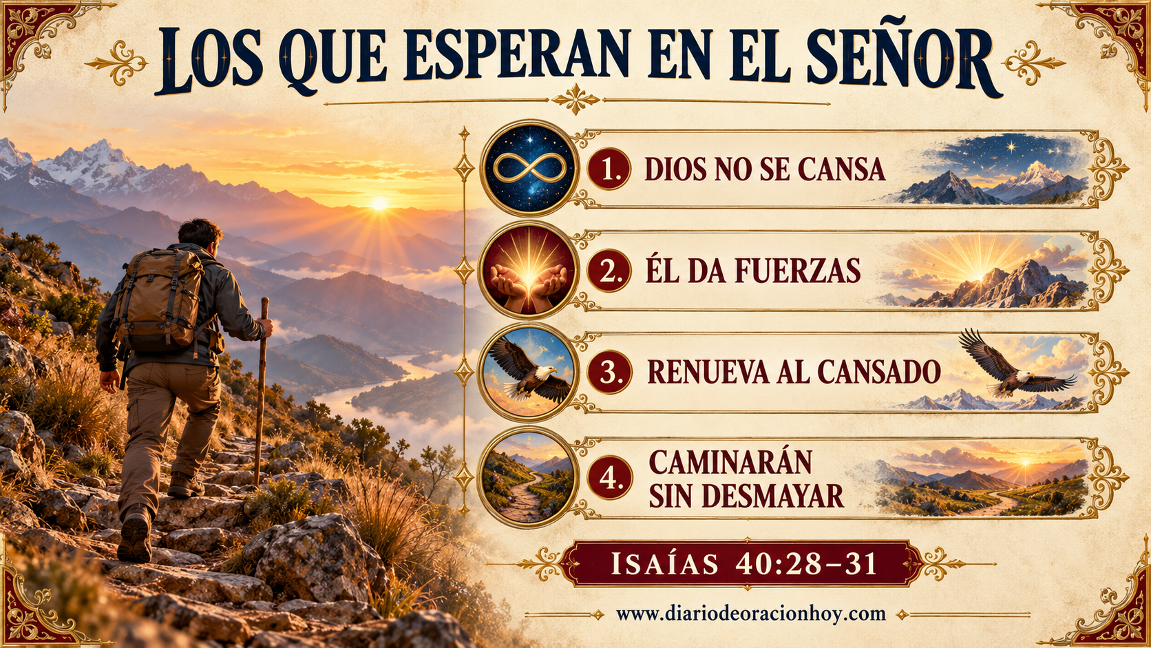 Infografía bíblica sobre Isaías 40:28-31 con un adulto caminando al amanecer por montañas andinas