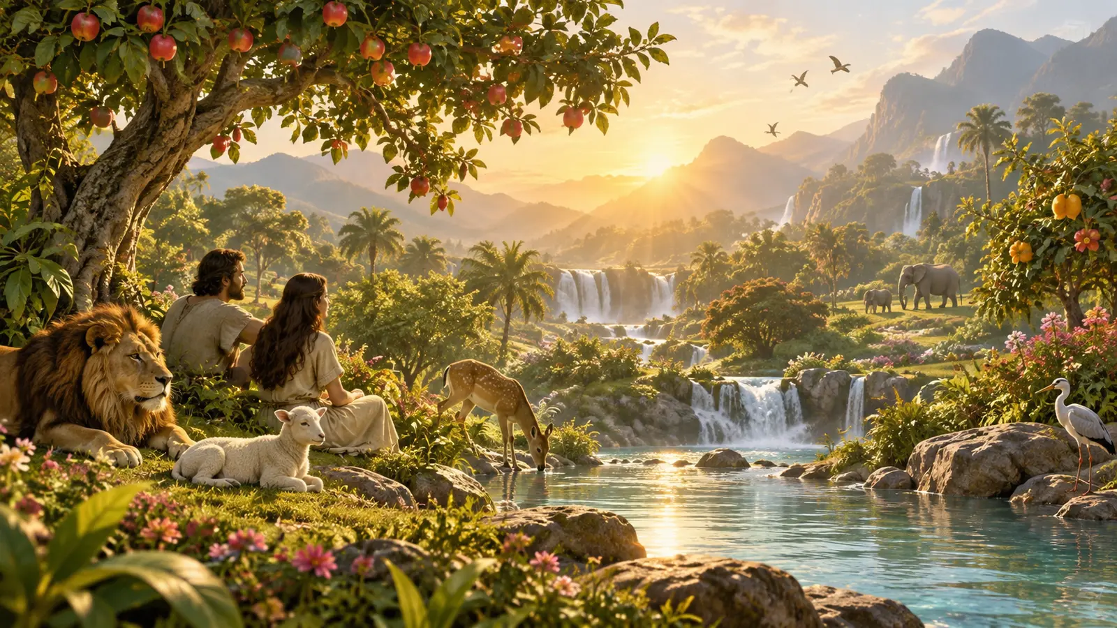 Jardín exuberante con río, árboles y animales en una escena del Edén