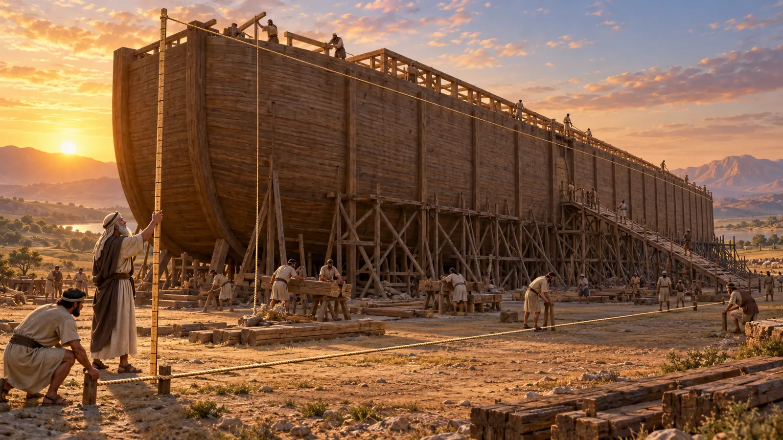 Gran arca rectangular de madera en construcción con cuerdas de medición