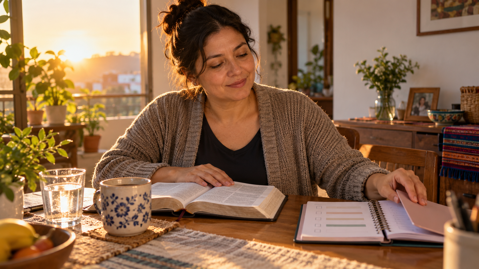 Mujer adulta colombiana descansando con serenidad junto a una Biblia, una agenda y tareas organizadas