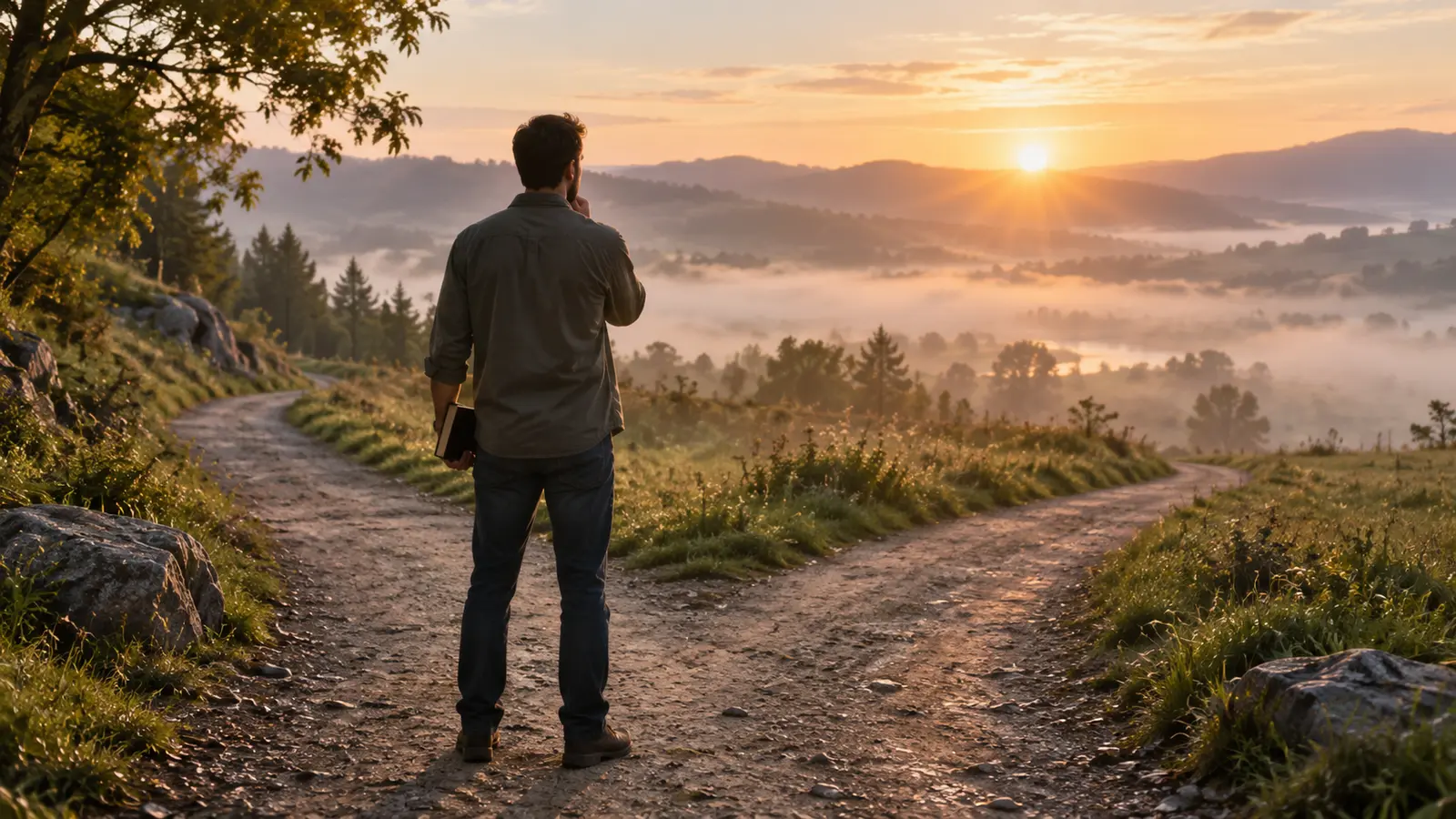 Persona orando junto a dos caminos al amanecer antes de tomar una decisión