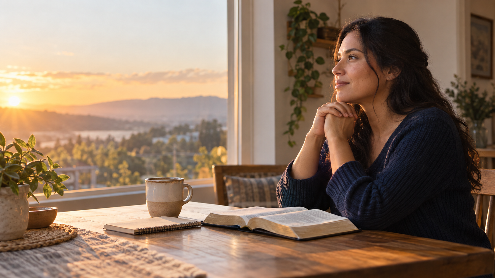 Mujer adulta orando junto a una Biblia abierta al amanecer