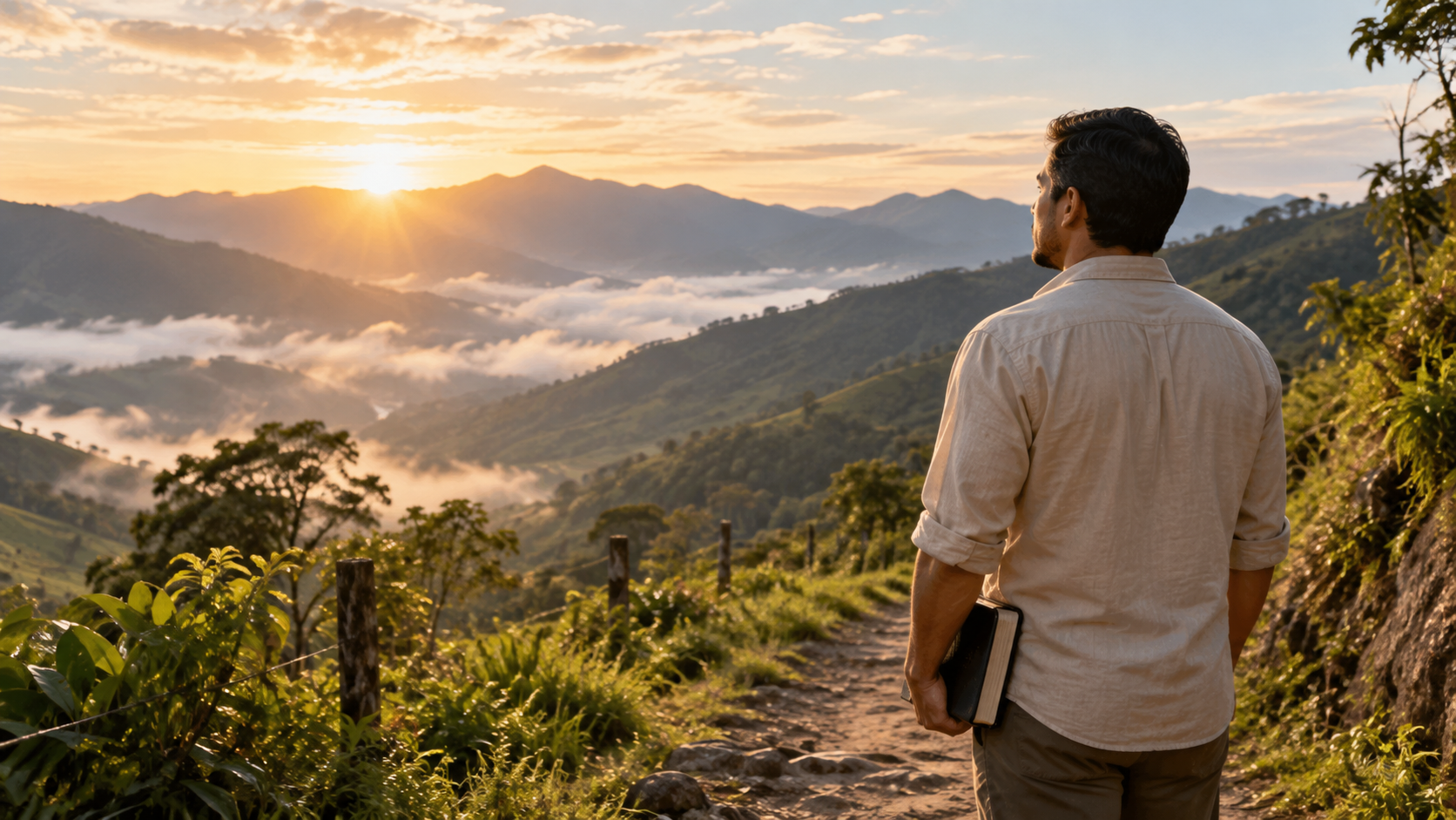 Hombre adulto con una Biblia contemplando el amanecer en las montañas colombianas