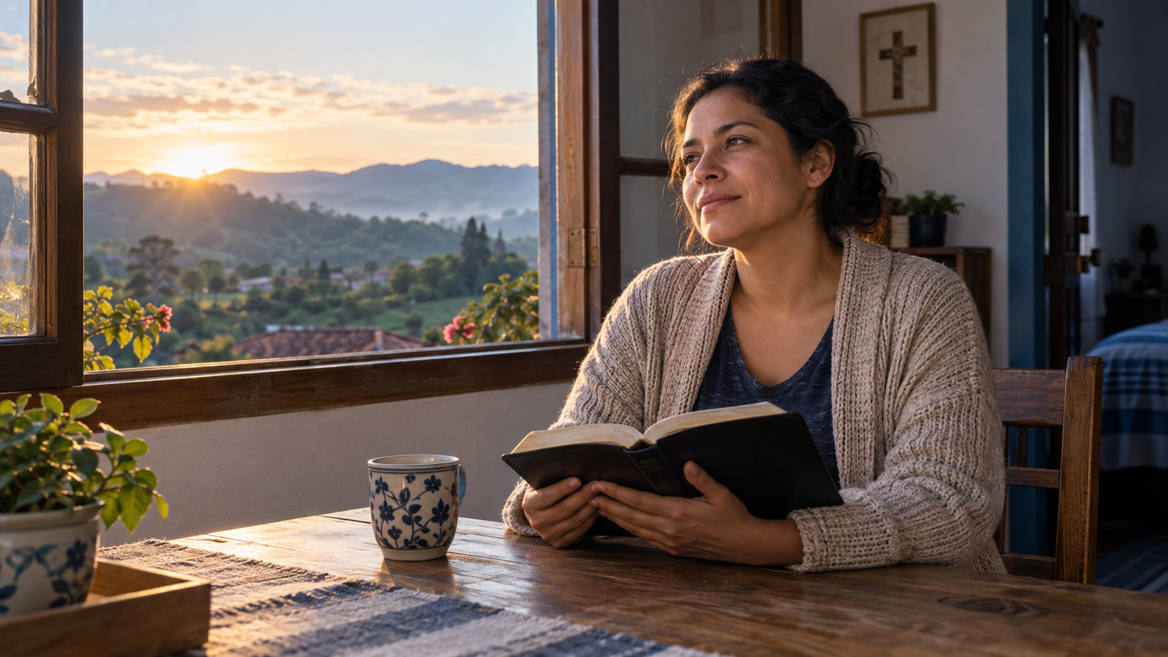 Mujer adulta leyendo la Biblia al amanecer en un hogar colombiano, imagen de esperanza y misericordia renovada