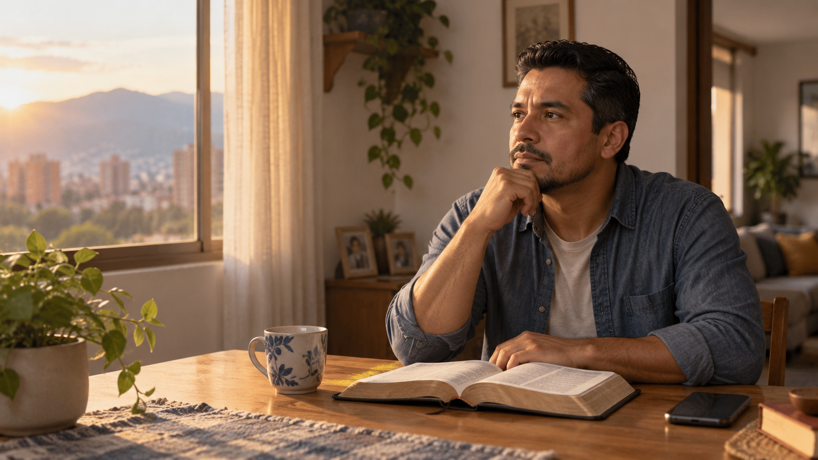 Hombre adulto reflexionando ante una Biblia abierta al amanecer antes de una conversación importante