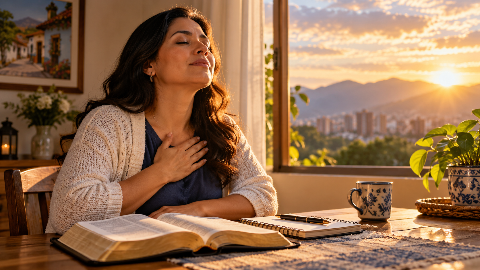 Mujer adulta orando junto a una Biblia abierta al amanecer en un hogar colombiano