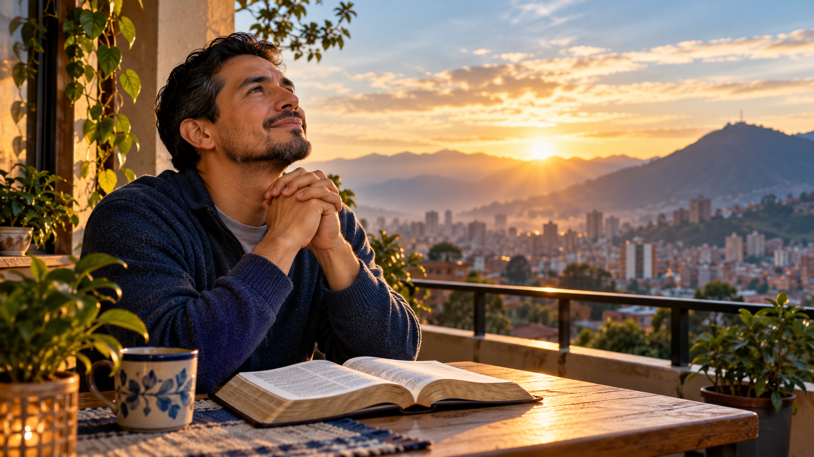 Hombre adulto colombiano orando junto a una Biblia abierta al amanecer, entregando sus temores a Dios