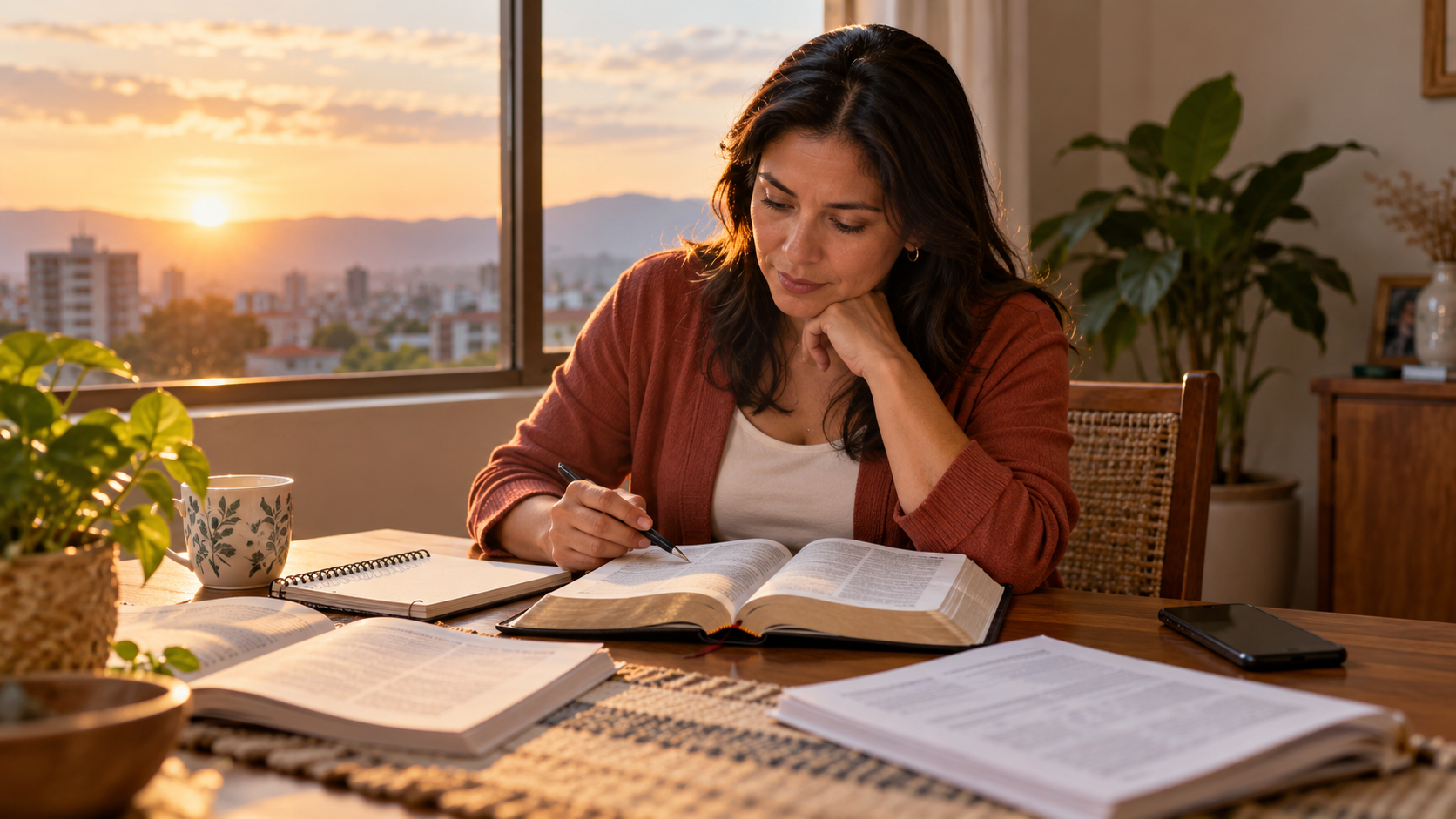 Mujer adulta colombiana estudiando una Biblia y tomando notas con serenidad al amanecer