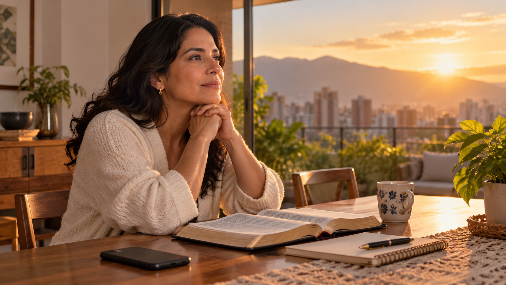 Mujer adulta reflexionando al amanecer junto a una Biblia abierta, un cuaderno y un teléfono boca abajo
