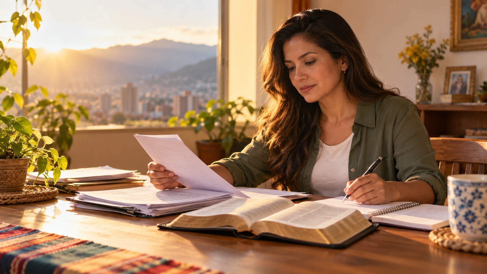 Mujer adulta colombiana organizando documentos y orando con serenidad junto a una Biblia