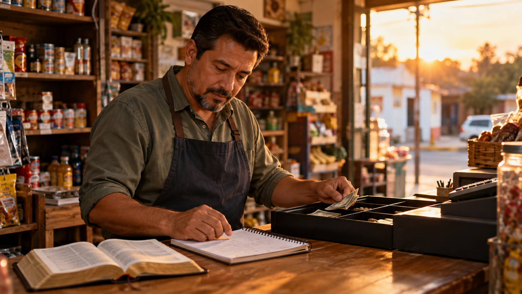 Comerciante adulto revisando honestamente sus cuentas junto a una Biblia abierta