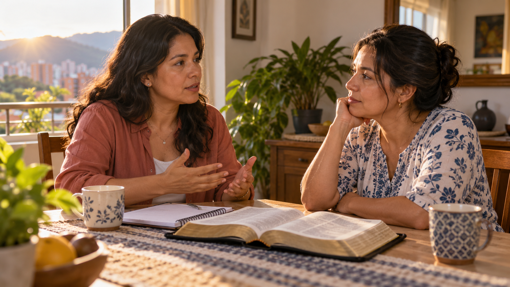 Dos mujeres adultas colombianas conversando con serenidad junto a una mesa y una Biblia abierta