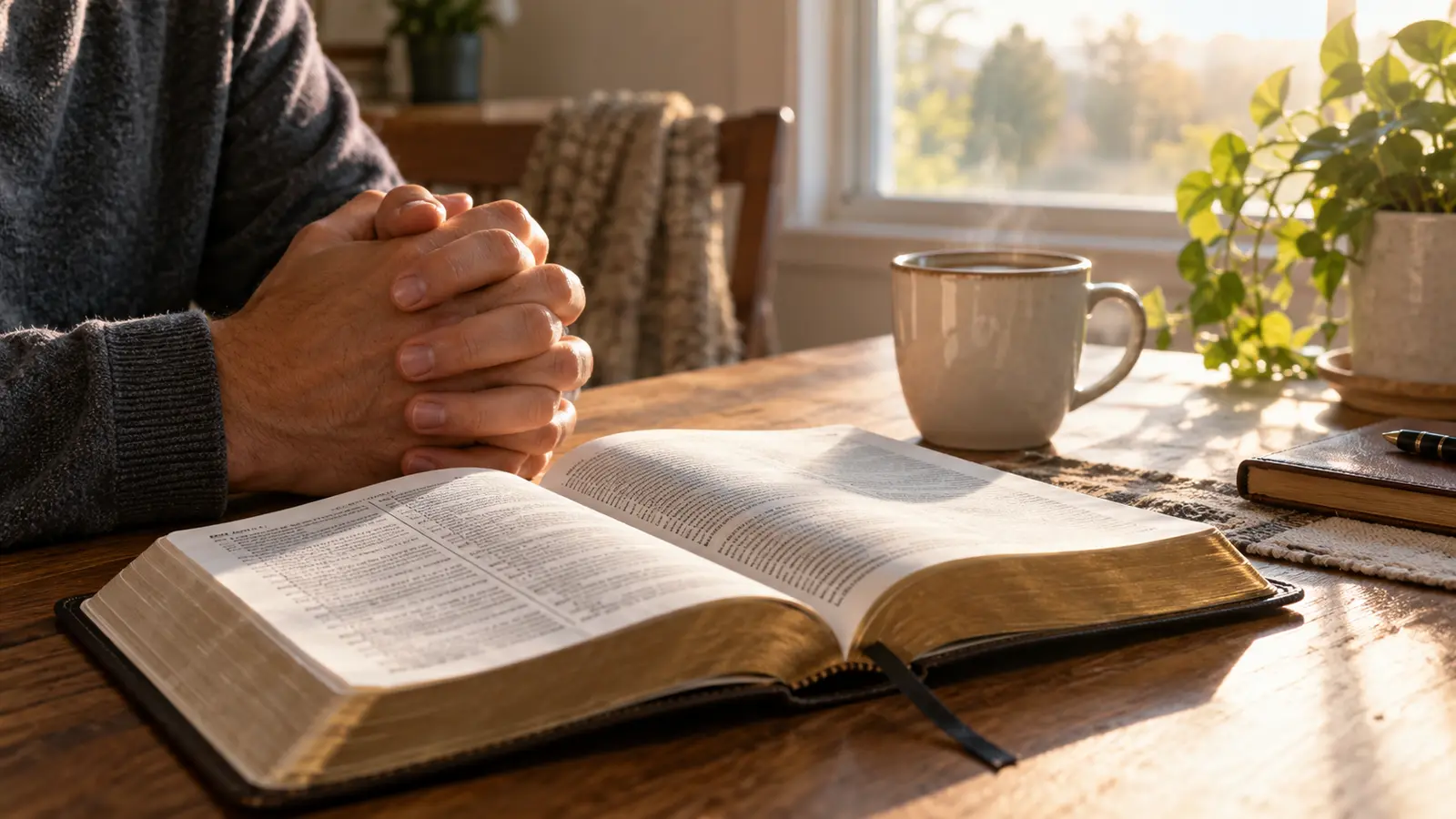 Biblia abierta, taza de café y manos juntas al comenzar la mañana