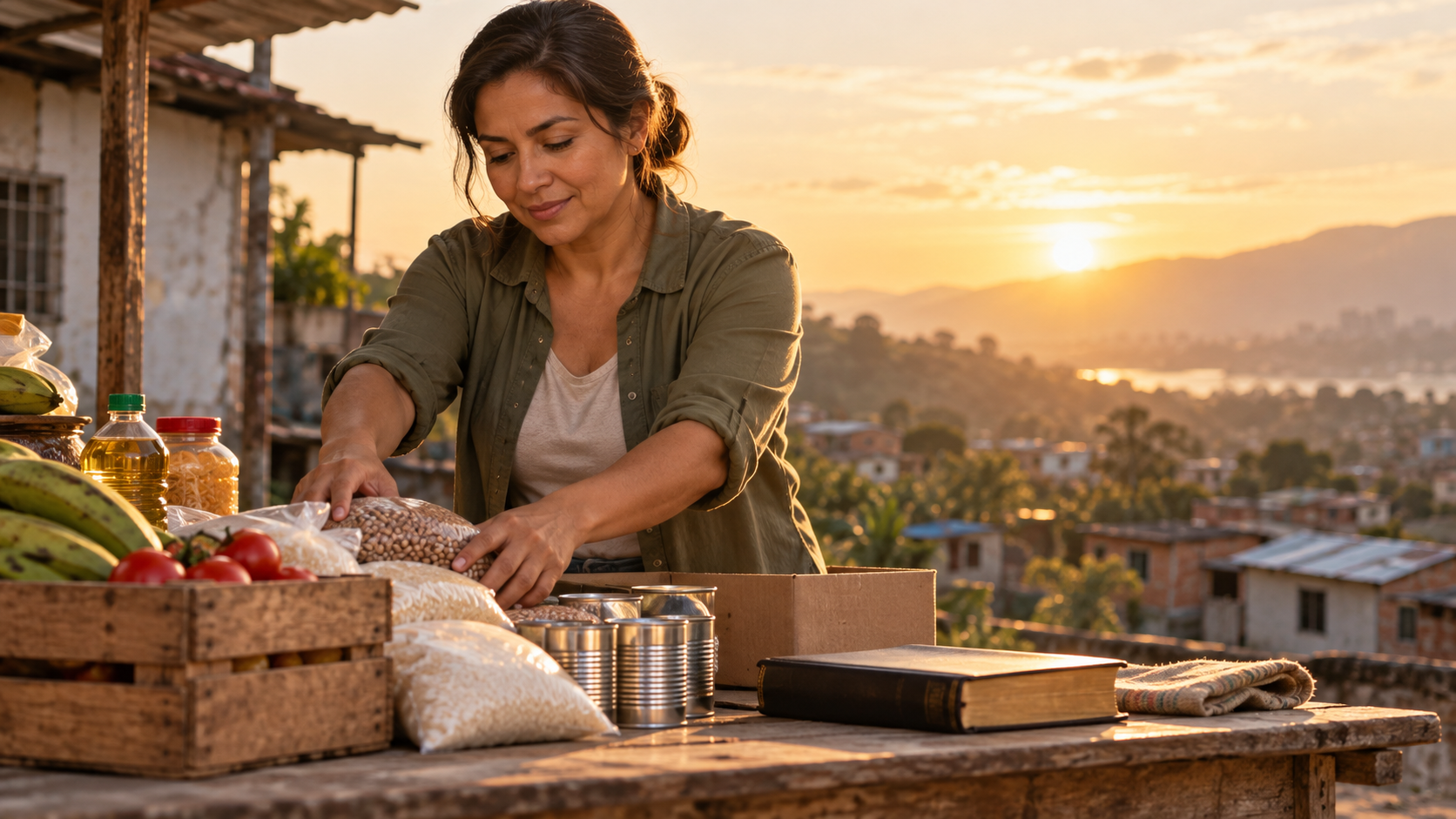 Mujer adulta colombiana organizando alimentos para ayudar a su comunidad al amanecer