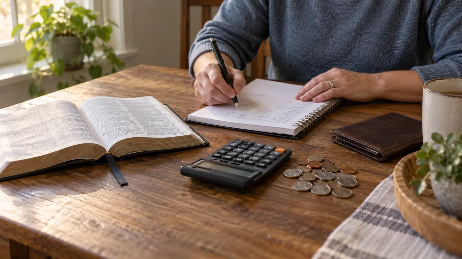 Cuaderno de presupuesto, Biblia y manos organizando las finanzas del hogar