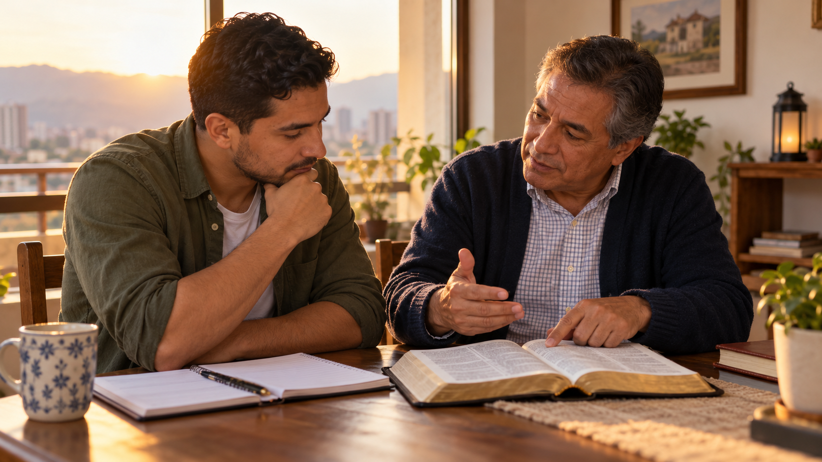 Dos hombres adultos conversando respetuosamente junto a una Biblia abierta y un cuaderno al amanecer