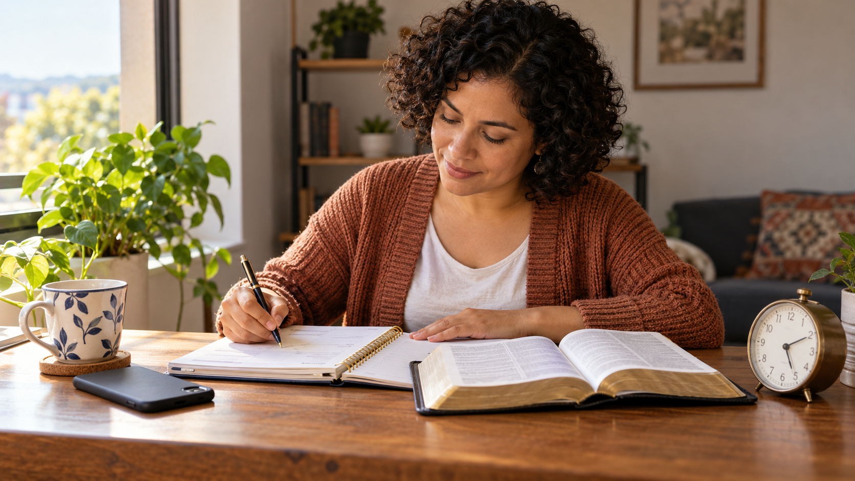 Mujer adulta organizando su agenda junto a una Biblia abierta y un reloj