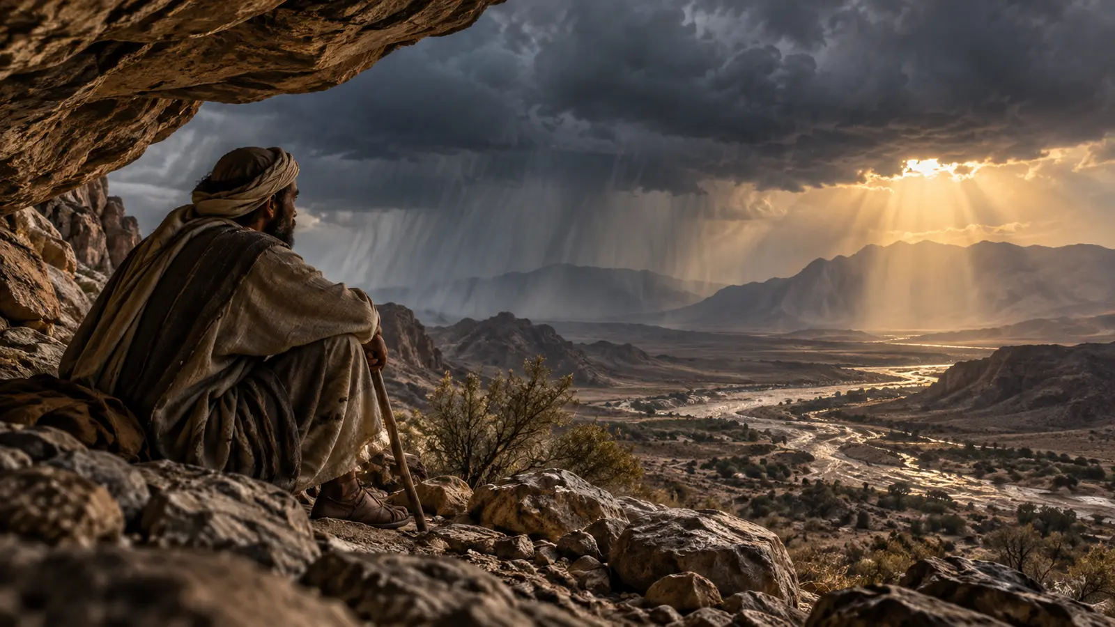Persona refugiada bajo un refugio de piedra durante una tormenta, imagen del Salmo 91