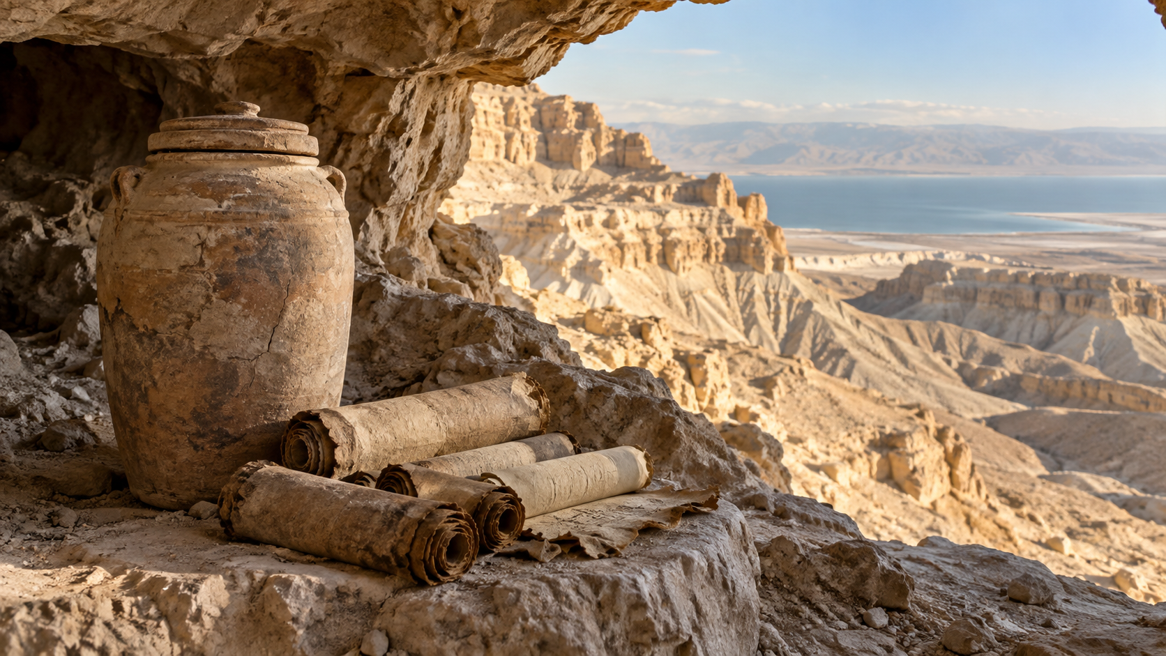 Vasija de almacenamiento y pergaminos en una cueva del desierto de Judea, representación documental del contexto de Qumrán