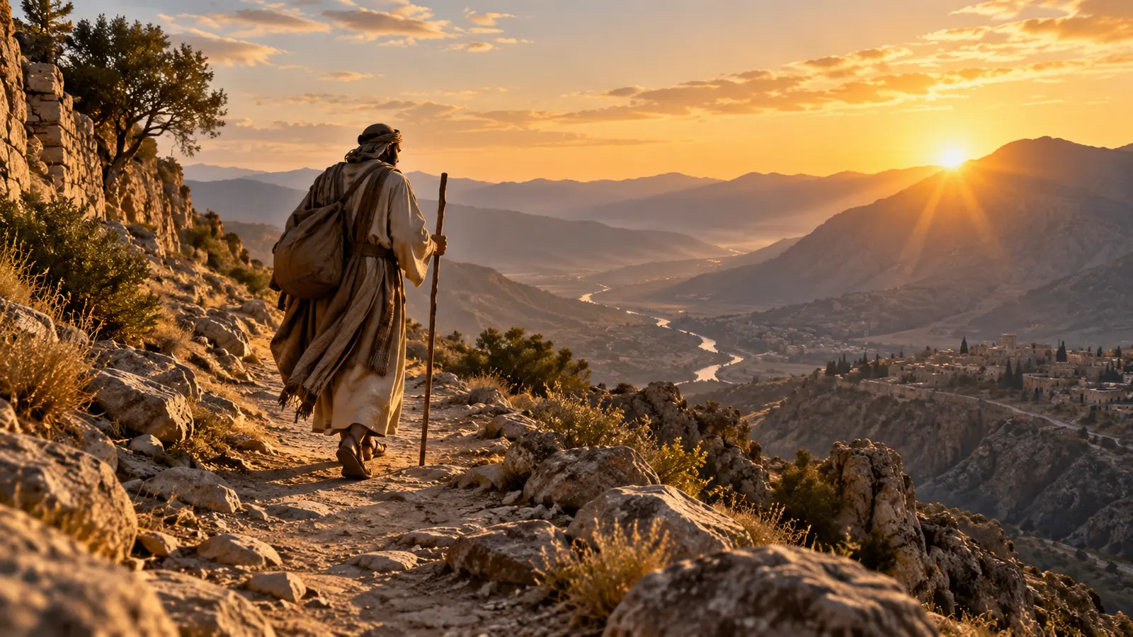 Peregrino caminando por un camino de montaña al amanecer