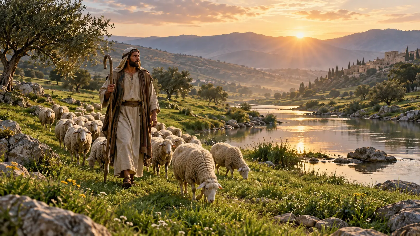 Pastor guiando un rebaño junto a pastos verdes y aguas tranquilas
