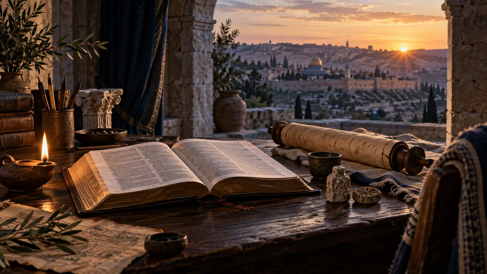 Biblia abierta y materiales de estudio frente a Jerusalén al amanecer