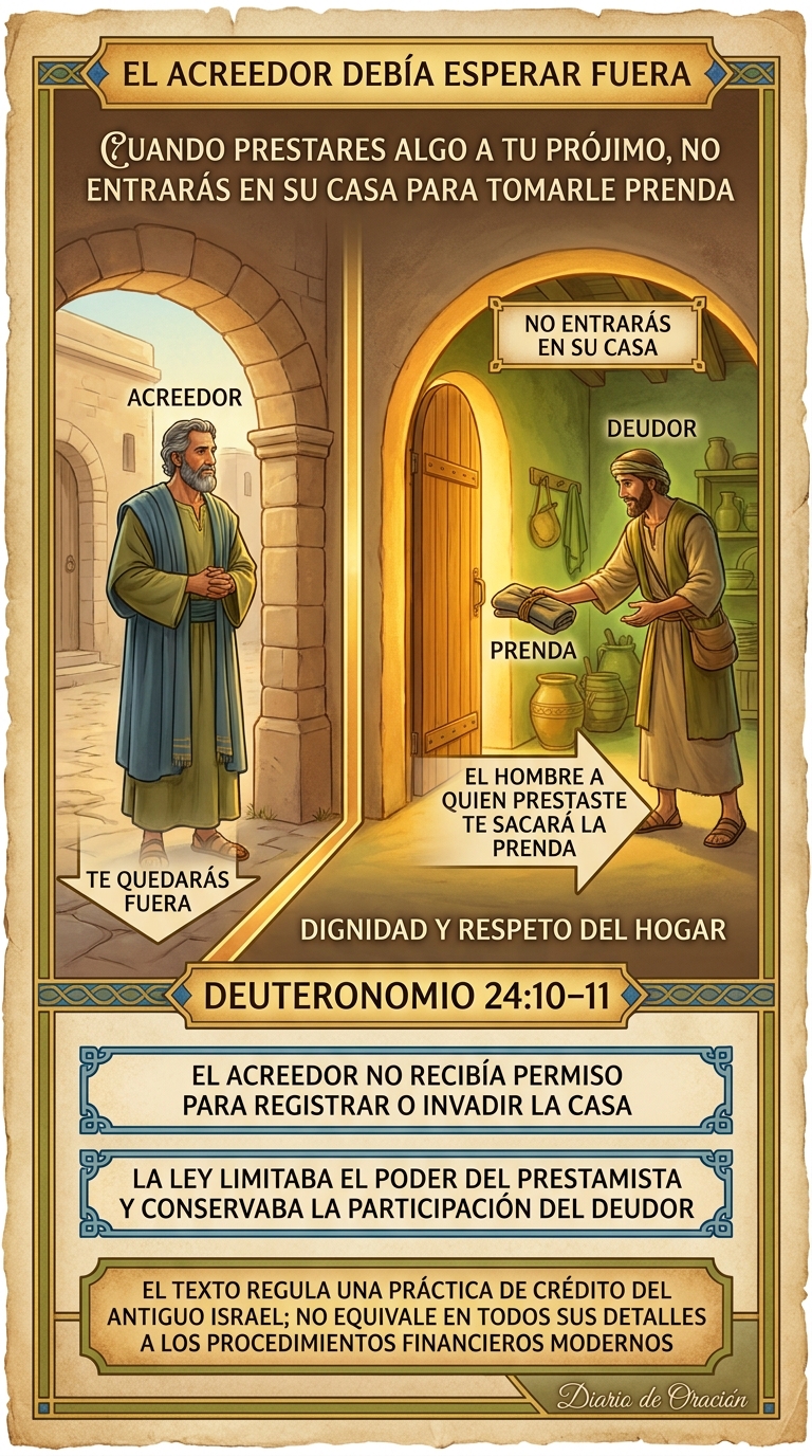 Acreedor esperando fuera de una casa mientras el deudor entrega una prenda