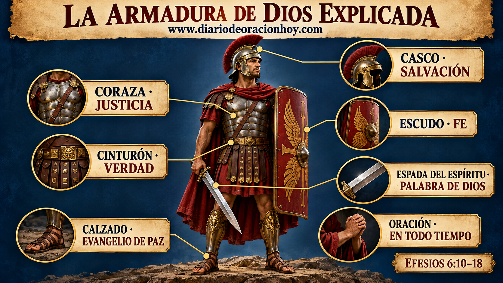 Soldado romano adulto con etiquetas sobre las piezas de la armadura de Dios
