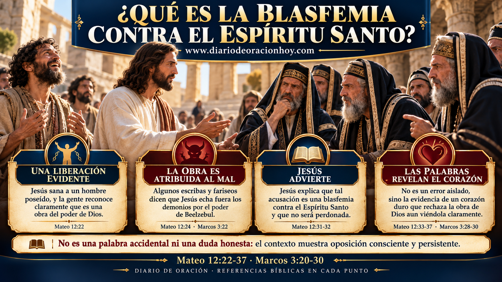 Jesús responde a escribas y fariseos después de liberar a un hombre, contexto de la advertencia sobre la blasfemia contra el Espíritu Santo