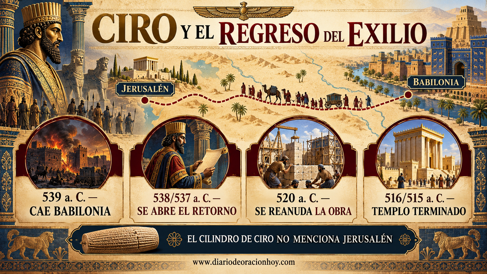 Infografía horizontal con Babilonia, Jerusalén y las fechas 539, 538, 520 y 515 antes de Cristo
