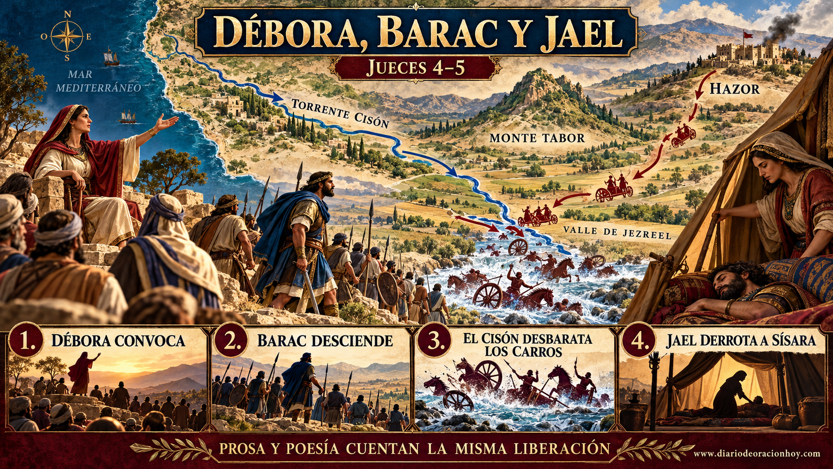 Infografía horizontal sobre Débora, Barac, el monte Tabor, el torrente Cisón y Jael