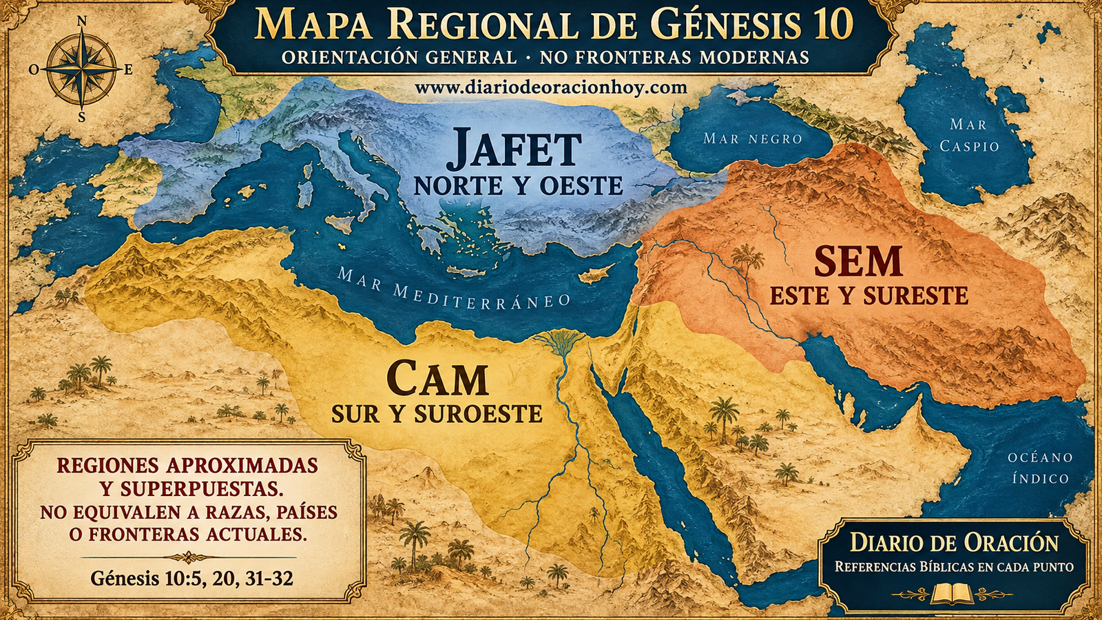 Mapa orientativo de las regiones antiguas asociadas con los descendientes de Sem, Cam y Jafet