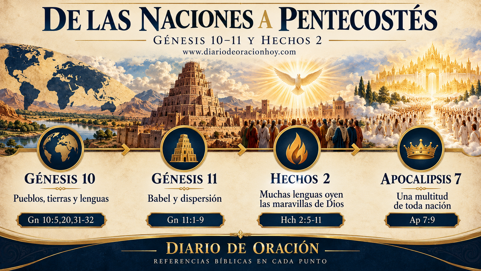 Línea bíblica desde las naciones y Babel hasta Pentecostés y la multitud de Apocalipsis