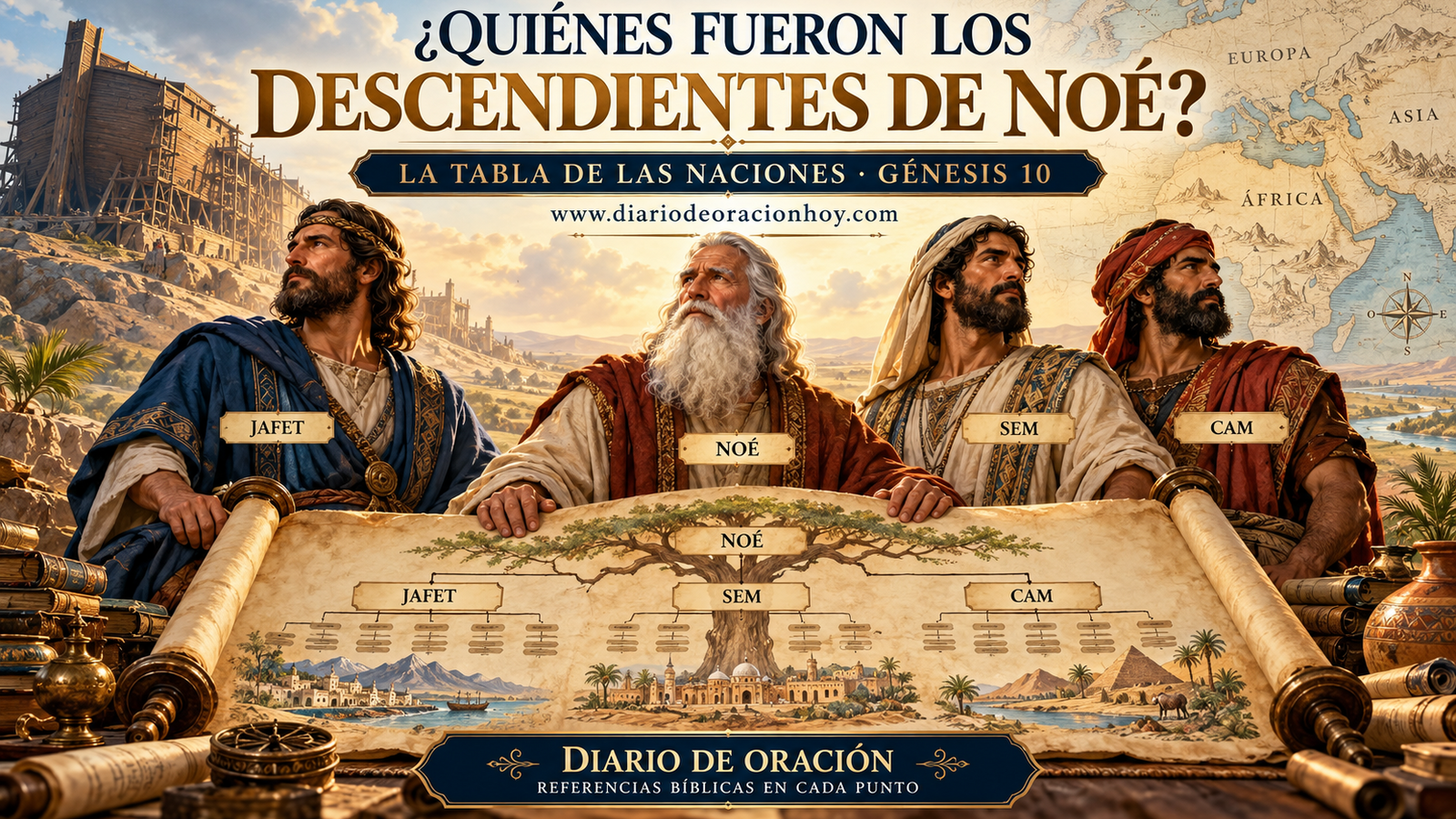 Noé y sus hijos adultos Sem, Cam y Jafet junto a un pergamino genealógico y un mapa antiguo