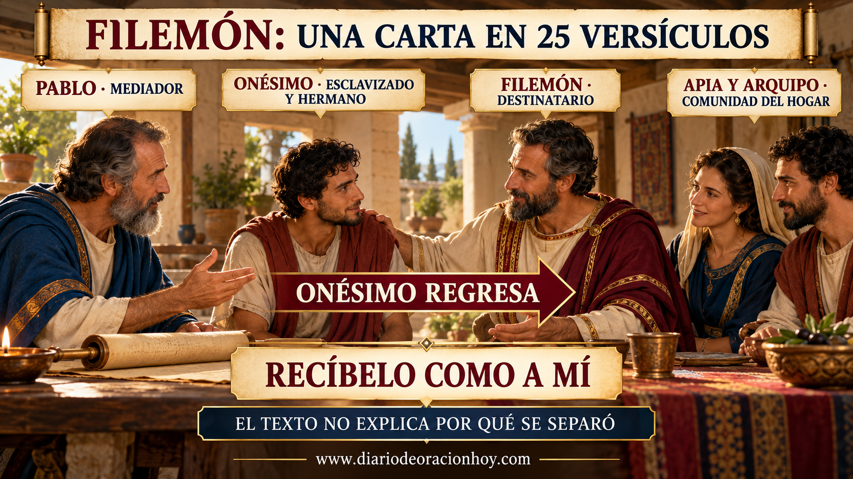 Infografía horizontal de la carta a Filemón con Pablo, Onésimo, Filemón, Apia y Arquipo
