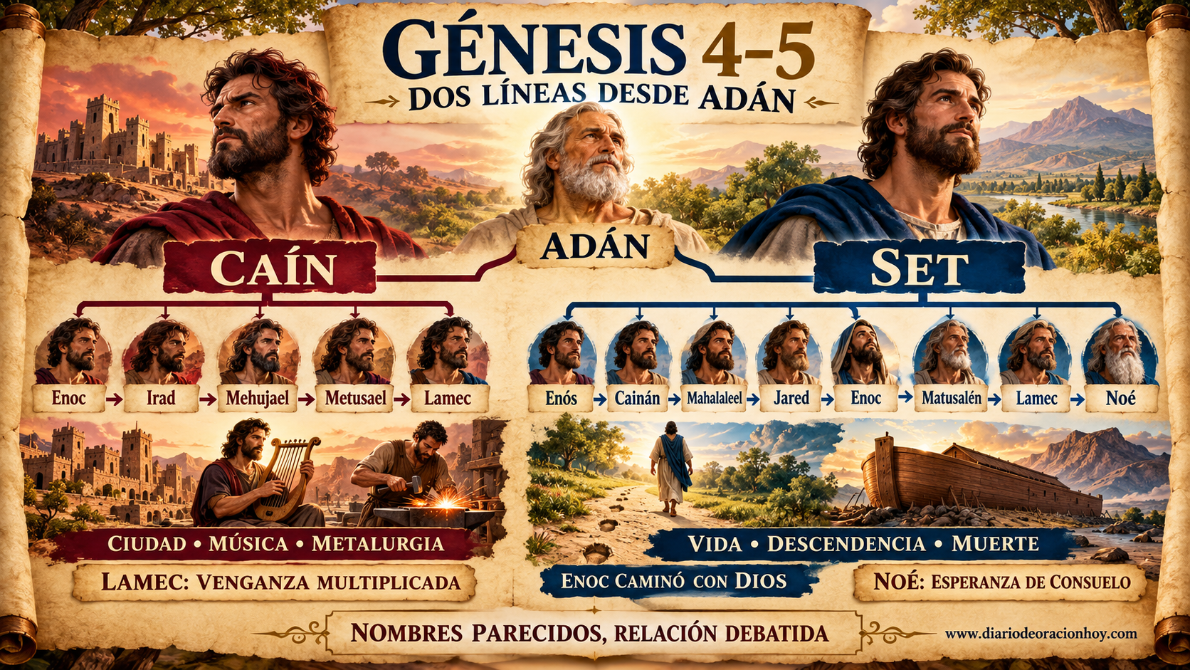 Infografía horizontal que compara las genealogías de Caín y Set en Génesis 4 y 5