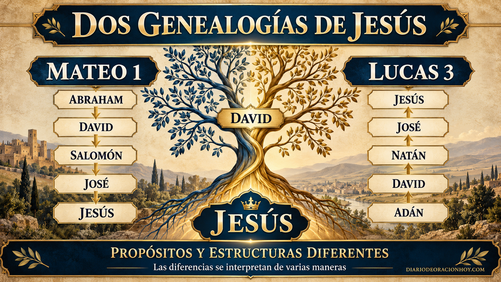 Árbol genealógico ilustrado que compara Mateo 1 y Lucas 3 desde David hasta Jesús
