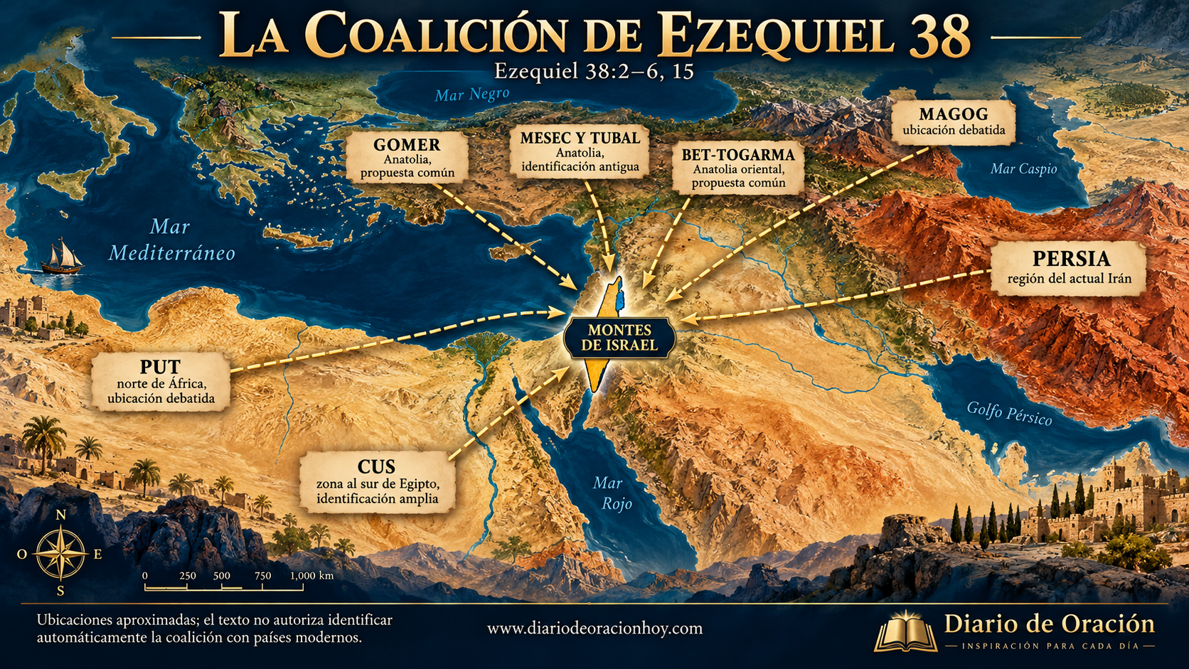 Mapa aproximado de los pueblos nombrados en la coalición de Ezequiel 38 alrededor de Israel