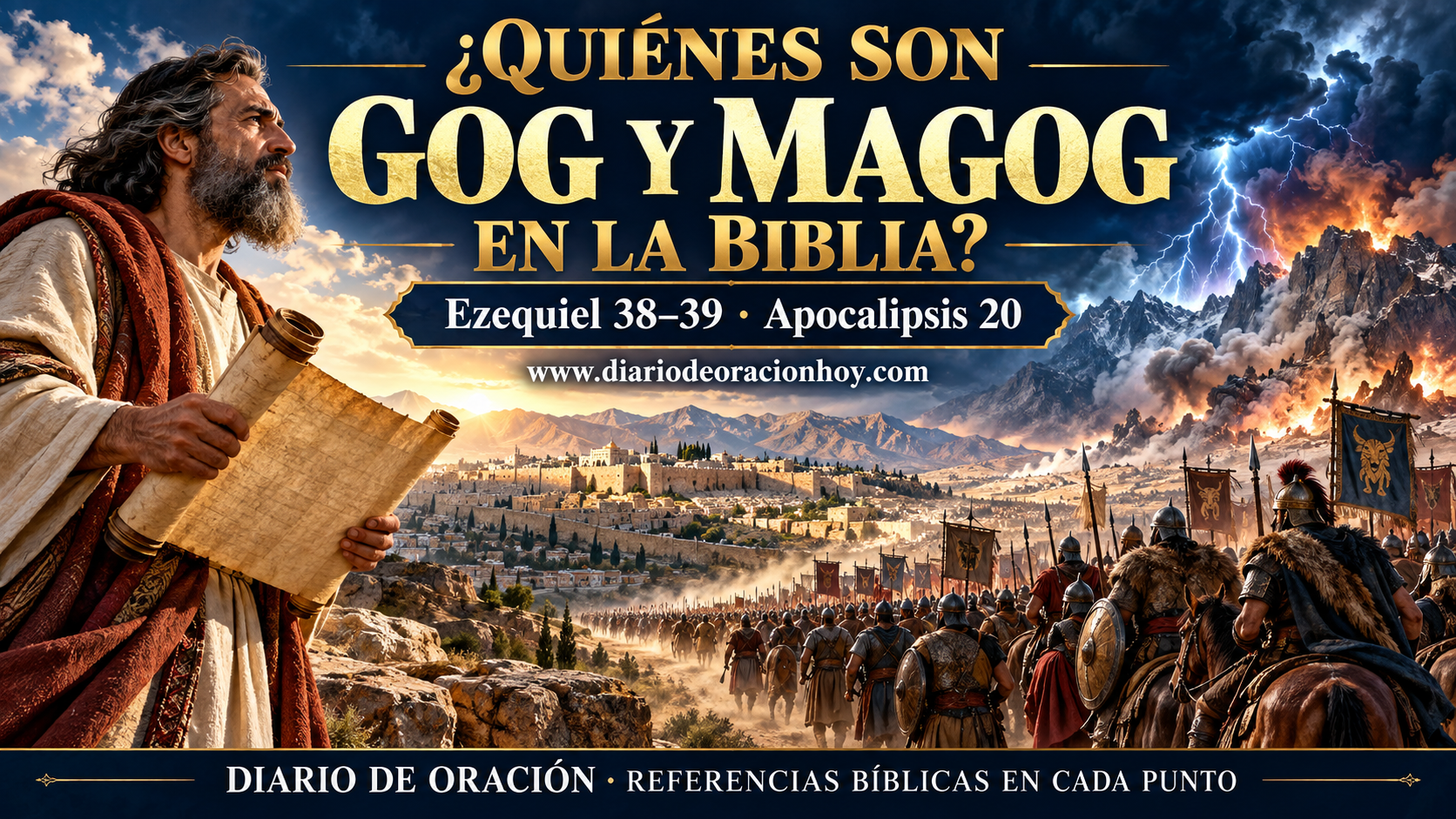 Reconstrucción editorial simbólica del profeta Ezequiel observando una coalición que avanza hacia los montes de Israel