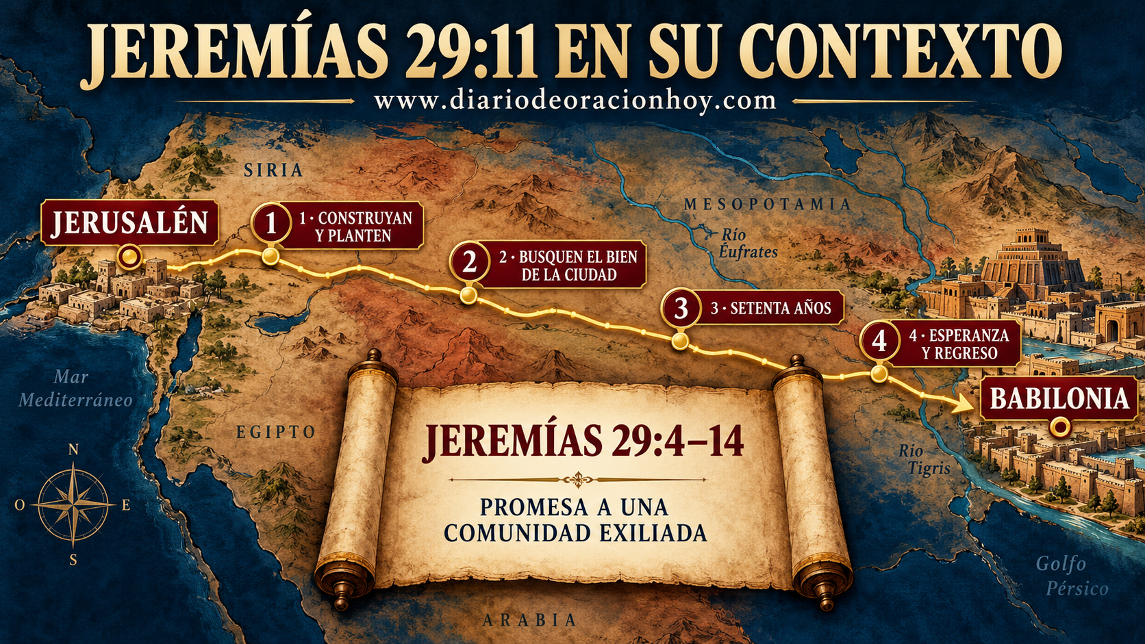 Mapa de la ruta entre Jerusalén y Babilonia con las instrucciones de Jeremías a los exiliados