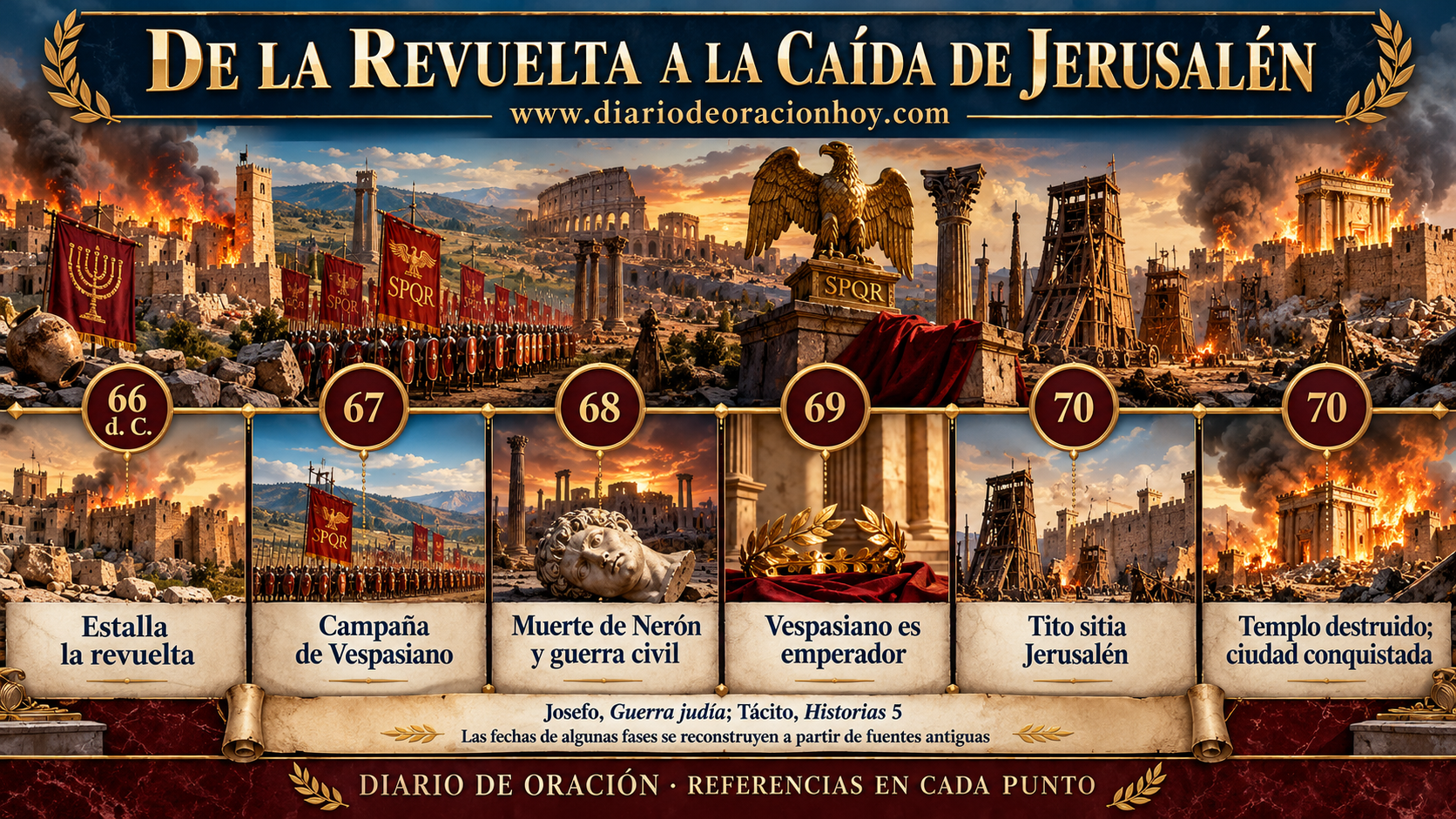 Cronología ilustrada desde el inicio de la revuelta judía en el año 66 hasta la caída de Jerusalén en el 70