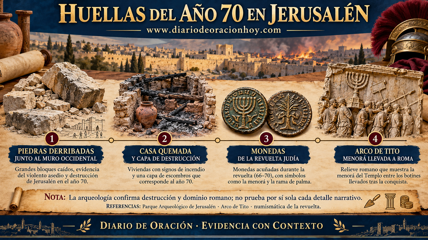 Evidencias relacionadas con la destrucción del año 70: piedras derribadas, Casa Quemada, monedas y Arco de Tito