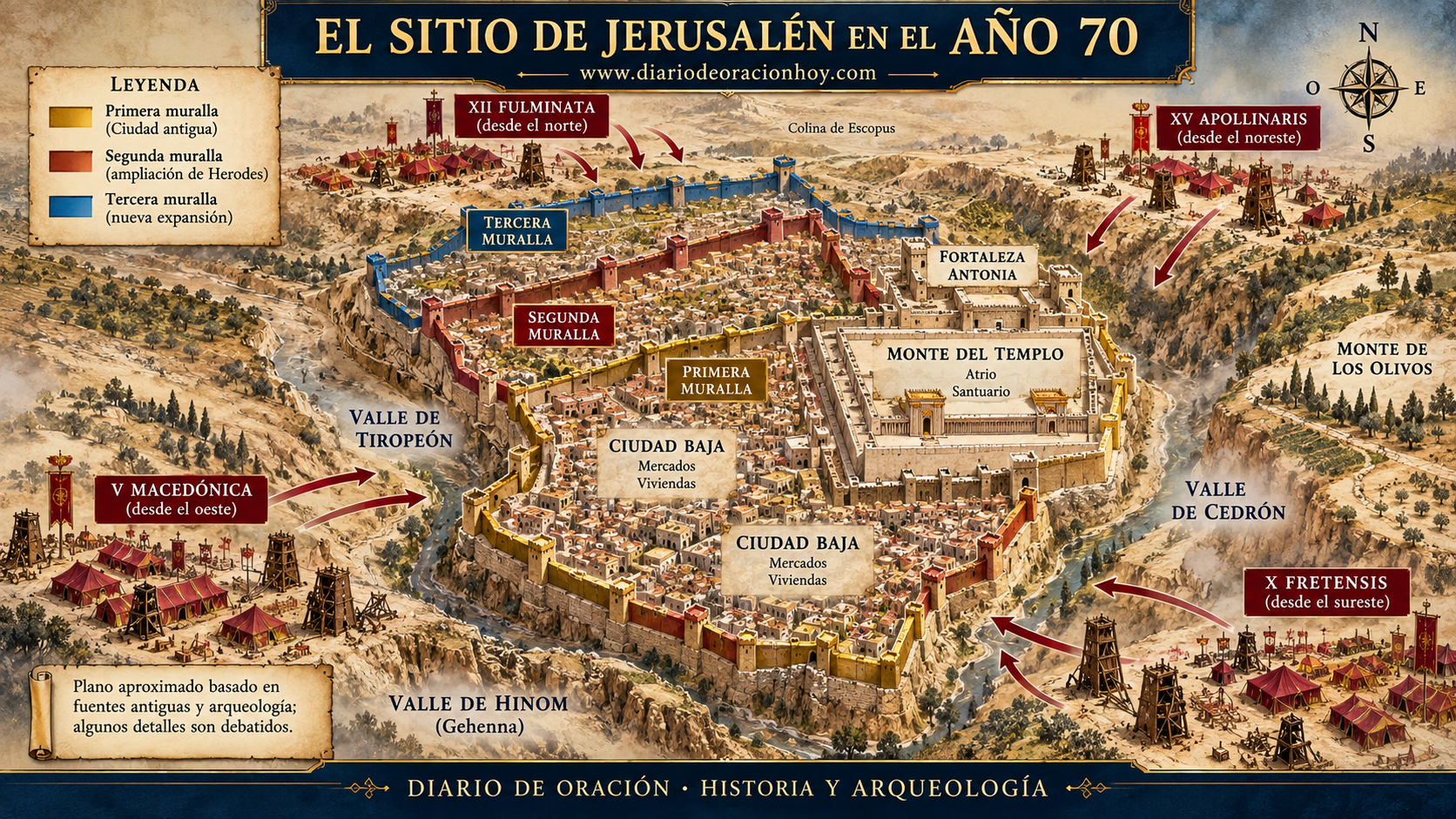 Mapa aproximado de las murallas, valles, monte del Templo y posiciones romanas durante el sitio de Jerusalén