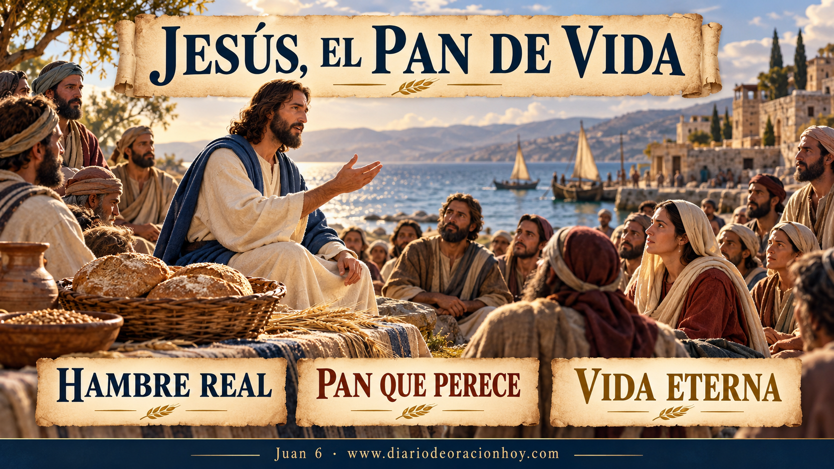 Jesús enseña a una multitud junto al mar de Galilea sobre el Pan de Vida