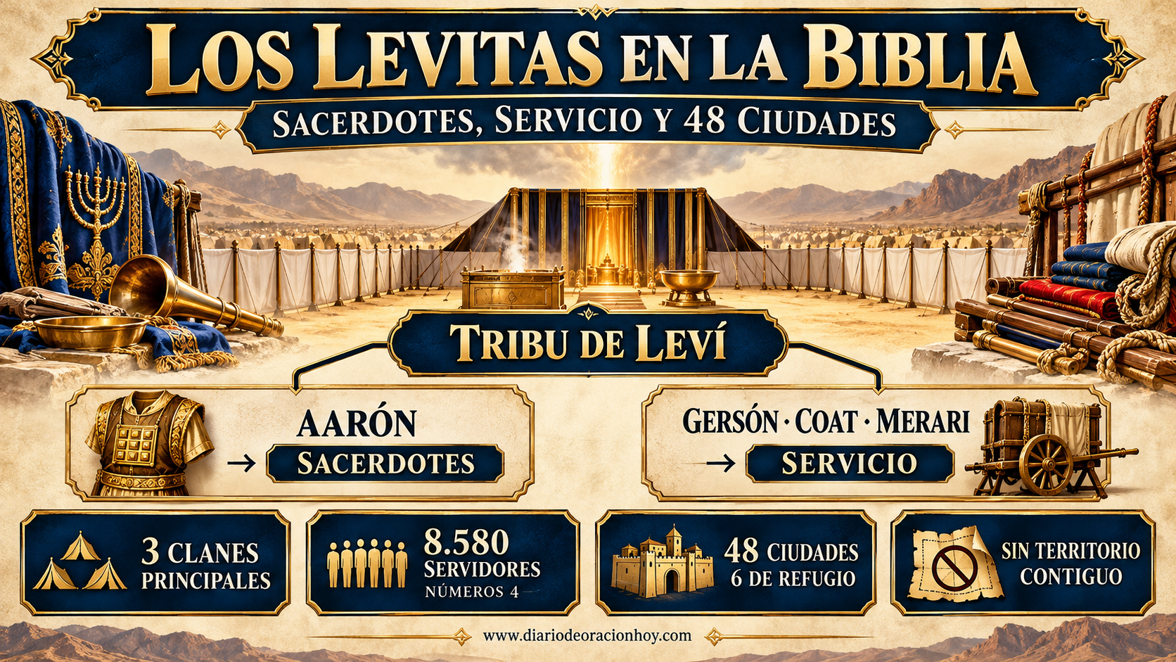 Infografía horizontal que diferencia a los sacerdotes aarónicos de los clanes de Gersón, Coat y Merari, con cifras de Números