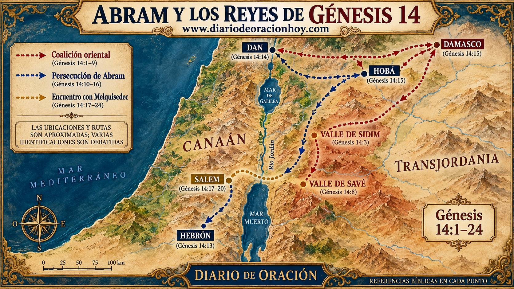 Mapa aproximado de la campaña de Génesis 14, la persecución de Abram y el encuentro cerca de Salem
