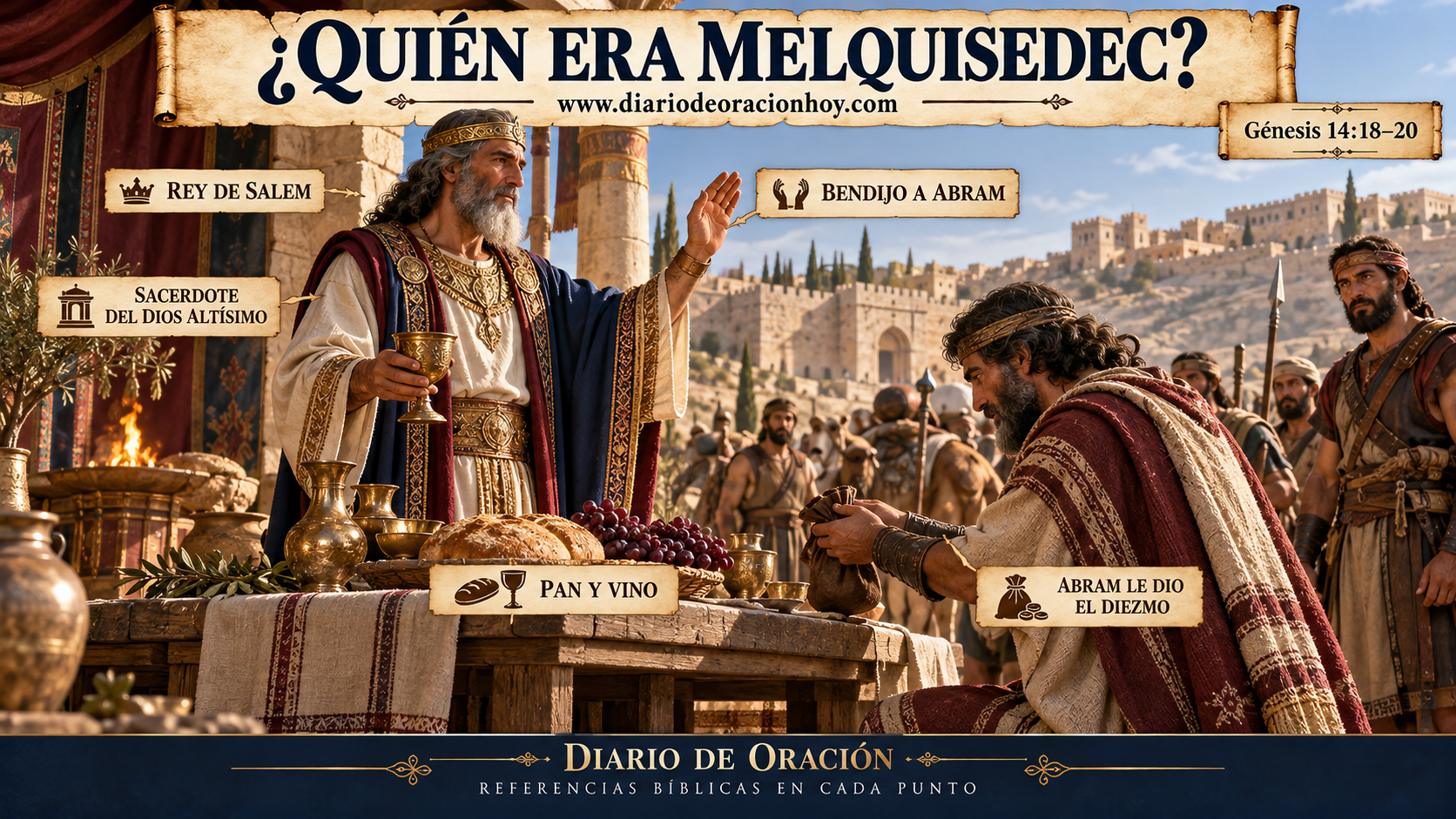 Melquisedec, rey y sacerdote de Salem, bendice a Abram y presenta pan y vino después del rescate de Lot
